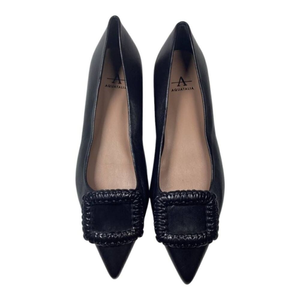 Aquatalia Adorned Black Woven‎ Leather Square Toe Flats  Size 7